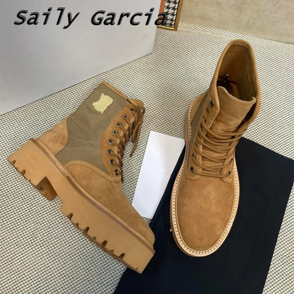 

Genuine Leather Waterproof Thick Sole Lace Up Boots Retro Mixed Color Mid Calf Motorcycle Boots Winter New Wild Cool Girl Boots