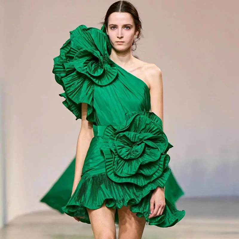 

One Shoulder Satin Dress Hand Made Flowers Mini Dress Sleeveless Green Women Clothes Custom Made Fashion Designs Ruffles Dress