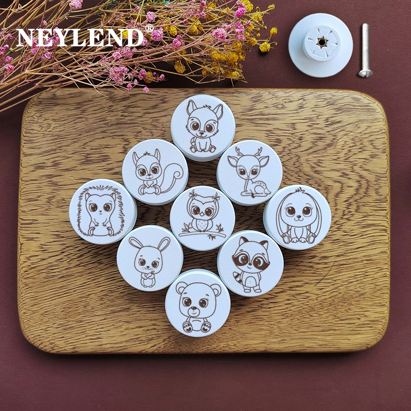 

Wooden Engraved Cute Animal White Dresser Drawer Knobs Cabinet Pulls Nature Wood Kids Children Furniture Handles