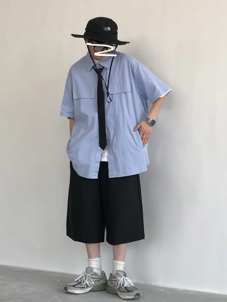 

Рубашка и шорты мужские в японском стиле, уличная одежда, модный костюм в стиле ретро, универсальная рубашка с укороченными брюками для рабо...
