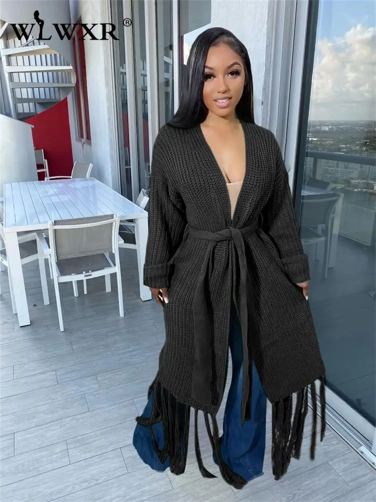 

WLWXR осенний свободный свитер с бахромой одежда для женщин 2022 бандажные кардиганы с длинным рукавом черный вязаный уличный Стич Модный женский