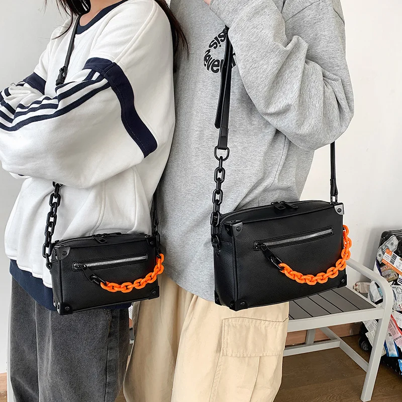 

Fashion Trendy Couples Shoulder Bag Luxury Brand Design Leather Box Pack Street Chains Small Square Bag Men Women Handbag Purse