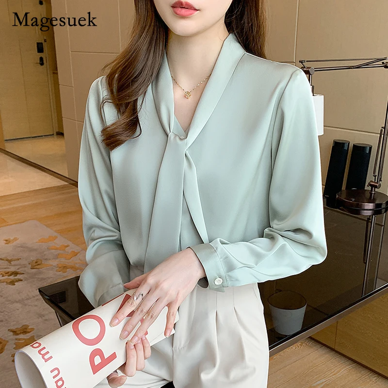 

Office Lady Satin Blouse Women Fashion Elegant Silk Women Shirt Long Sleeve Bow Tie Slim Casual Tops Blouses Blusa Mujer 16707