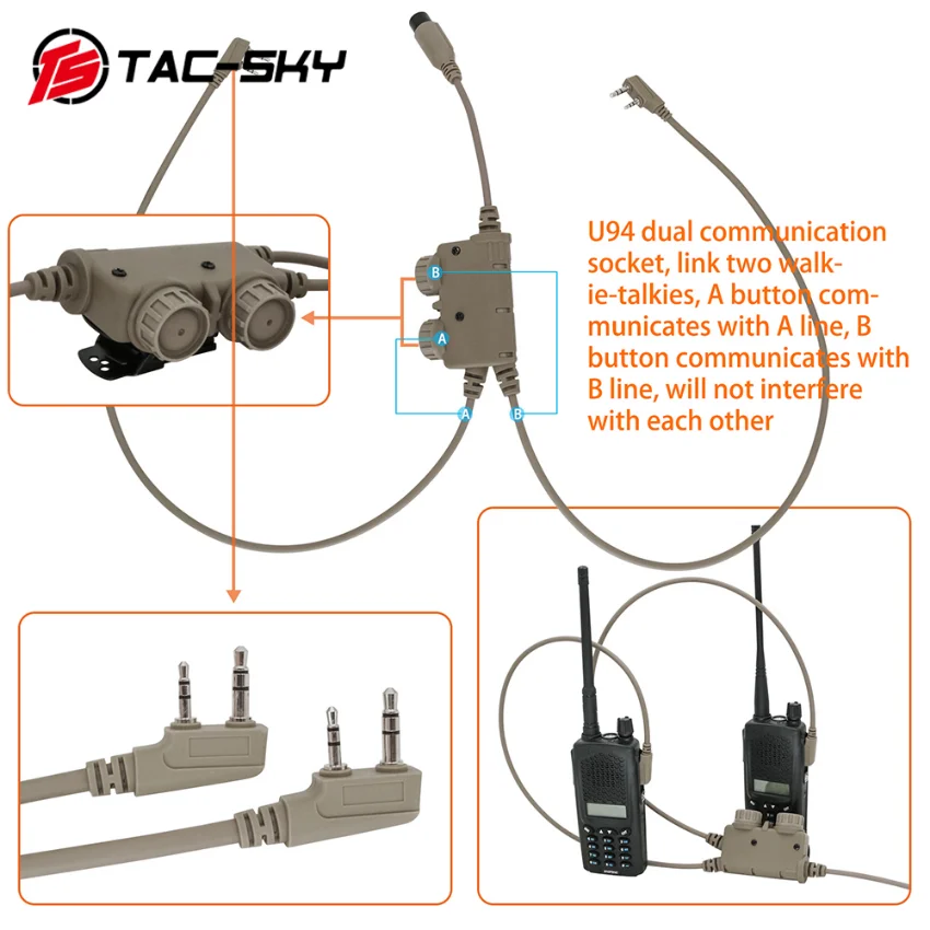 TS TAC-SKY Tactical Headset Hunting Dual Adapter RAC PTT Kenwood Plug, Compatible With Baofeng UV5R Tactical Walkie-Talkie
