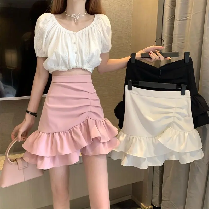 

Irregular Ruffles Short Skirts Woman Korean Fashion High Wiast Mini Skirt For Women Black White Pink Fishtail Skirts 2023 New