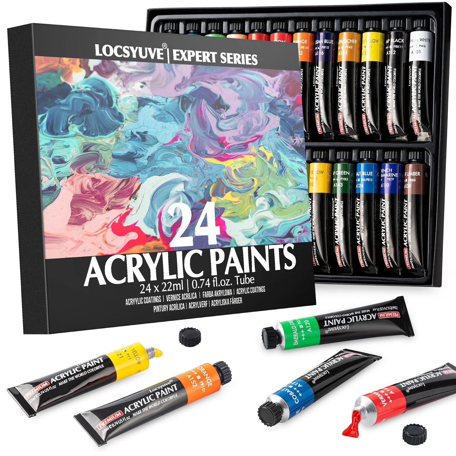 

Locsyuve Acrylic Paint 24 Colors 22ml(0.74 fl oz) Acrylic Paint Set, Paint for Fabric, Clothing, Rich Pigments for Artists
