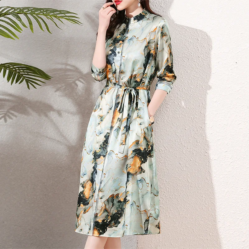 

Женское шелковое платье с длинным рукавом, весна 2022