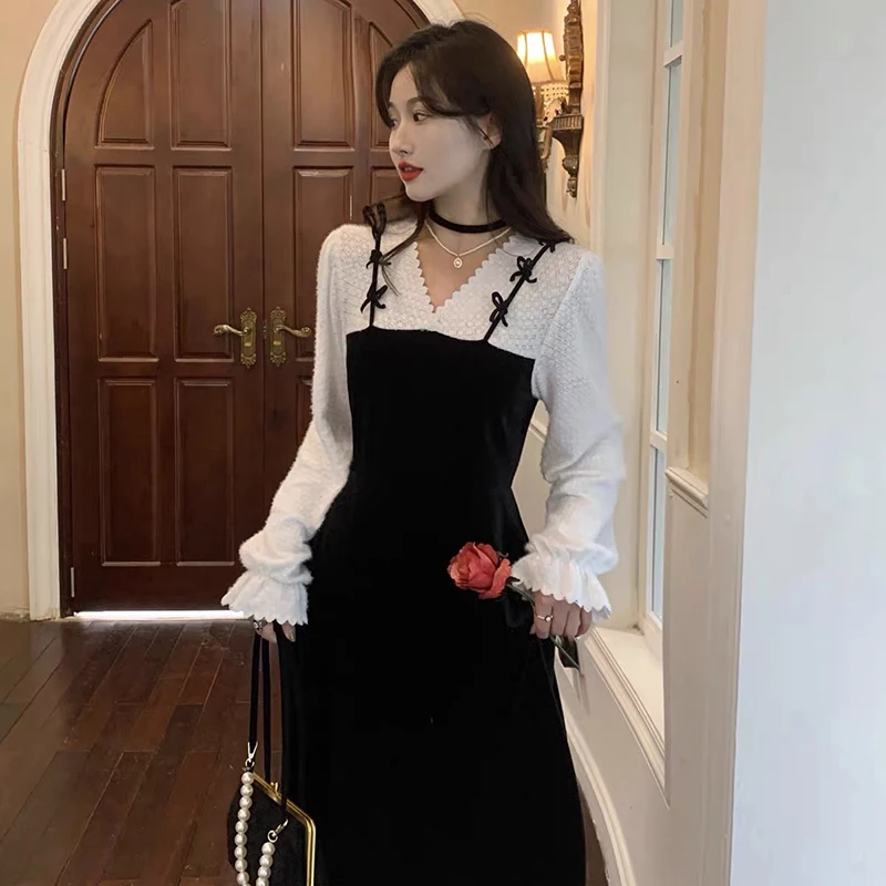 

Французское винтажное женское платье, весеннее кружевное лоскутное платье в Корейском стиле, женское шикарное элегантное бархатное платье с имитацией двух частей, 2022