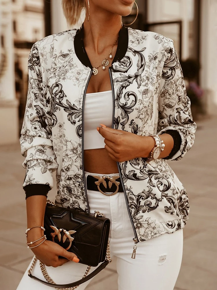 

Женская бейсбольная куртка с воротником-стойкой, короткая приталенная куртка с длинным рукавом и принтом, уличная одежда, весна-осень 2023