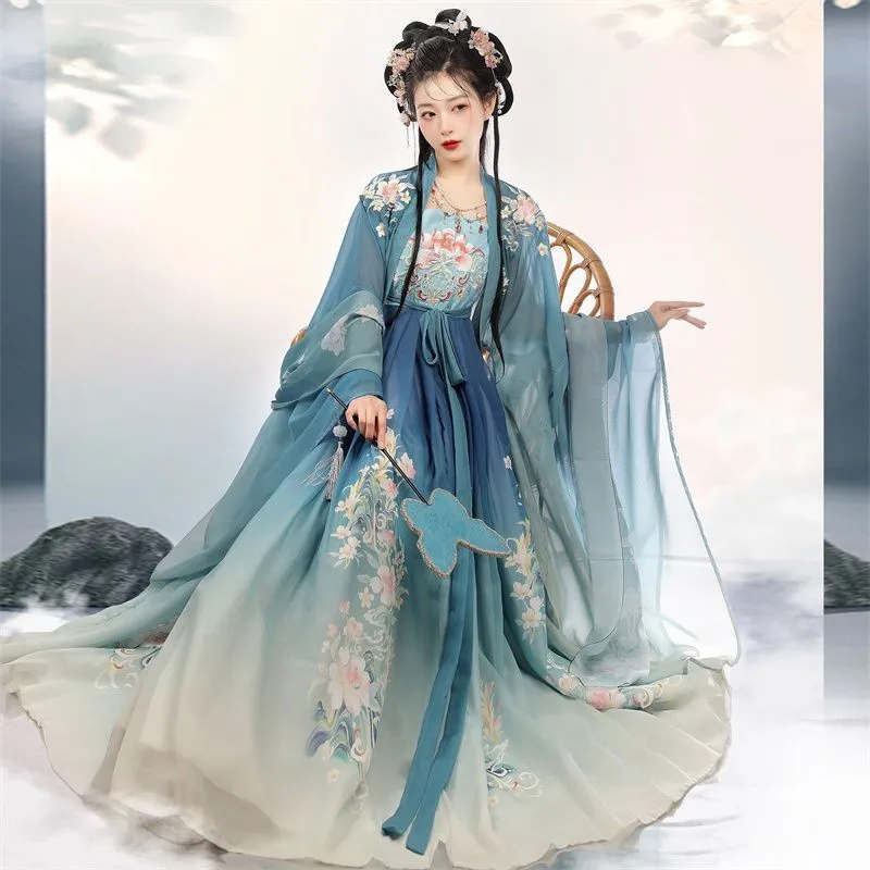 Chinese Hanfu Dress 3PCS Set Blue Flowing Maxi Dress Chinese Ancient Women Embroidery Dress Perform Costume Shooting Graduation