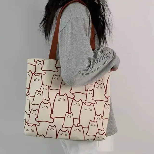 2023 Women Canvas Handbag For Fashion Cute Cat Tote Messenger Bags With Zipper Designer Bag Ladies Cartoon Shoulder Shopper Bags