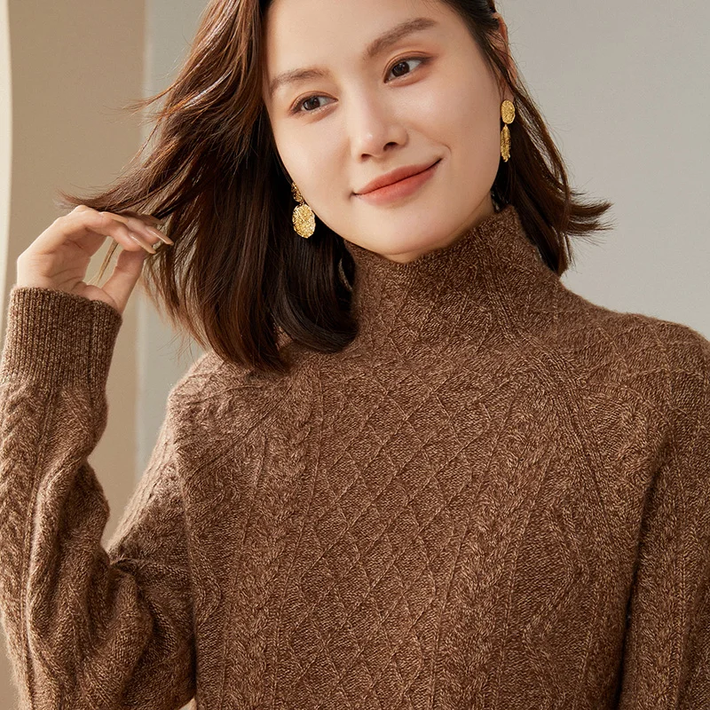 

2022 Hot Sale Autumn Winter 100% Pure Cashmere Sweater Turtleneck Women's High Quality Warm Female Loose Thicken Knitted Jum