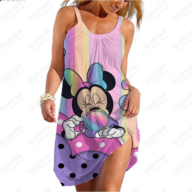 

Disney Minnie Mickey Mouse Rainbow 3D Print Women's Sleeveless Halter Dress Retro Beachweaar Girls Fashion Party Dress Loose Fit