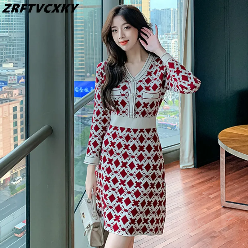 

2022 New Autumn Knitted Sweater Dress Women Button Korean Fashion Long Sleeve Vintage Plaid Mini Dresses Robe Femme Vestidos