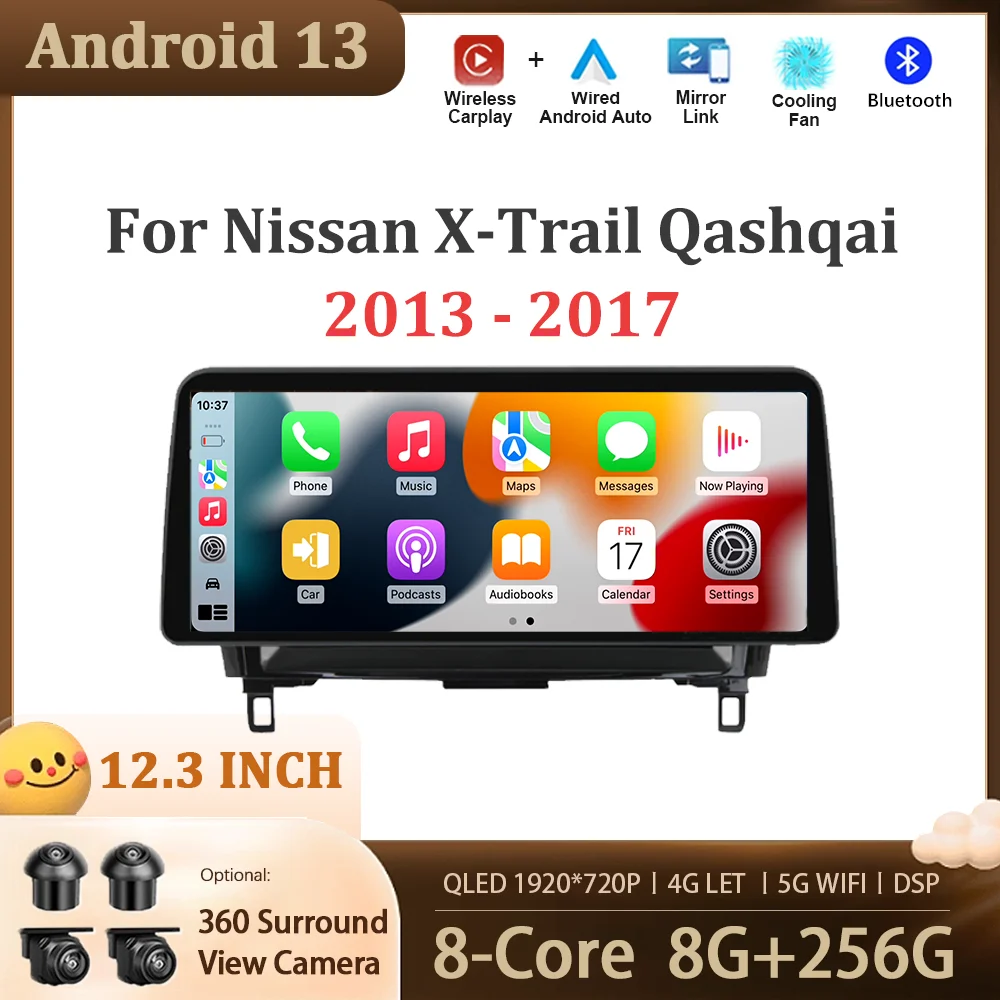 

For Nissan X-Trail Qashqai 2013 - 2017 12.3 inch Android 13 Car Multimedia Radio Player Wireless Carplay GPS Monitor Navigation