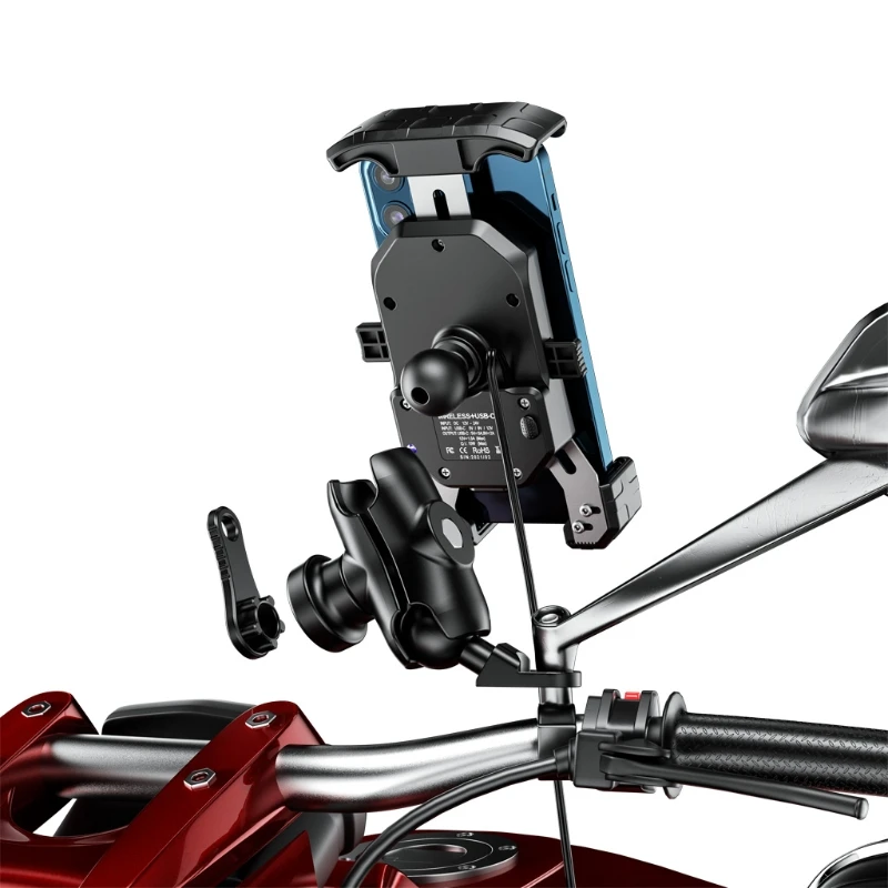 Waterproof 12V Motorcycle Mirror 15W Wireless Qi/USB C PD 20W Cellphone Fast Charger Holder Mount Cradle with Switch