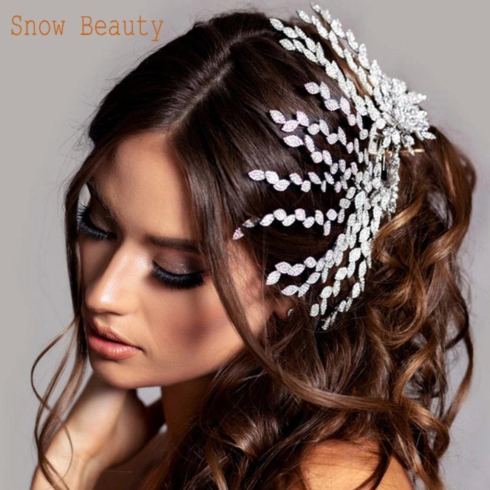 

A517 Fashion Bride Headpiece Zircon Wedding Comb with Alloy Leaf Luxury Barrettes Bridal Hairband Women Hair Accessories