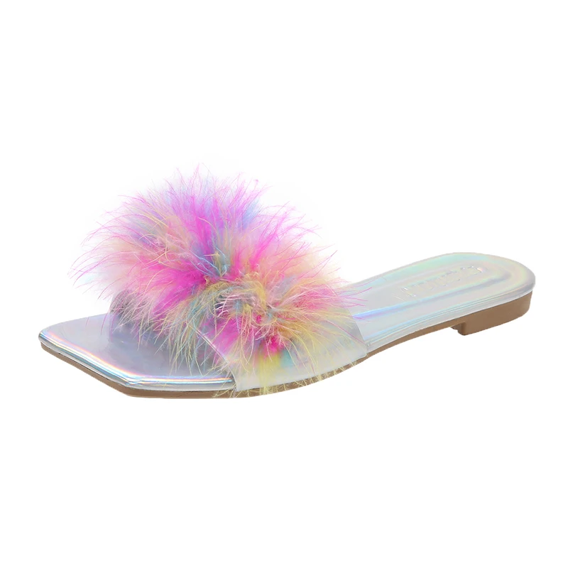

New Fur Slippers Women's Shoes Fashion Pvc Furry Drag Outdoor All-match Sandals Comfortable Transparent Beach Shoes Slides 42