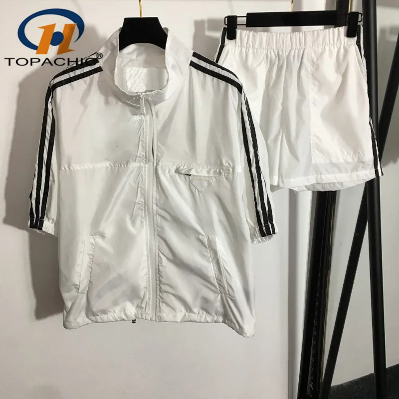 

8.9 High Quality Tracksuit Set Women Letter Triangle Striped Drawstring Sunscreen Trench Coat + High Waist Shorts
