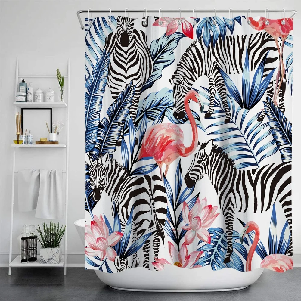 Tropical Plants Leaves Flamingo Shower Curtain 3D Pink Waterproof Polyester Bathroom Blackout Curtains Home Bath Cortina Baño