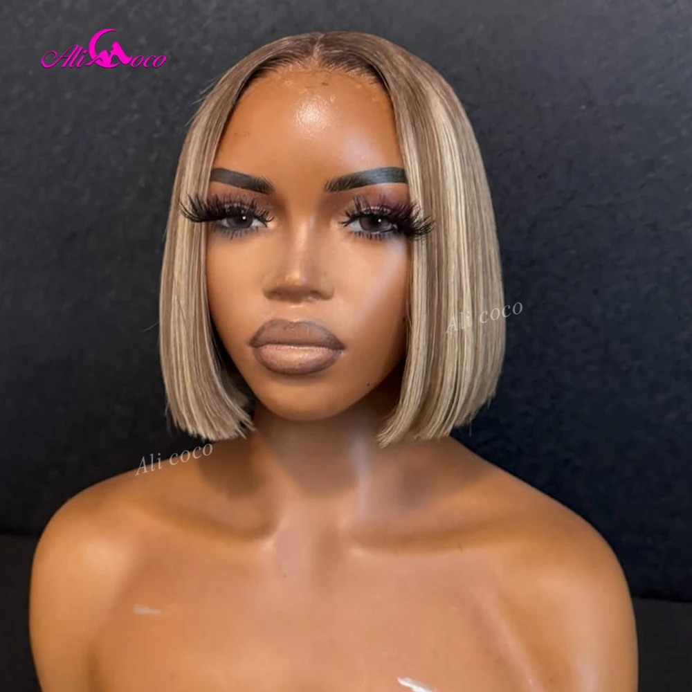 Фото Парик из натуральных волос Highlight Ash Blonde и Shiny Blonde, 13x4, прямой, короткий, с прозрачной кружевной передней частью, 180% плотности, для женщин №3
