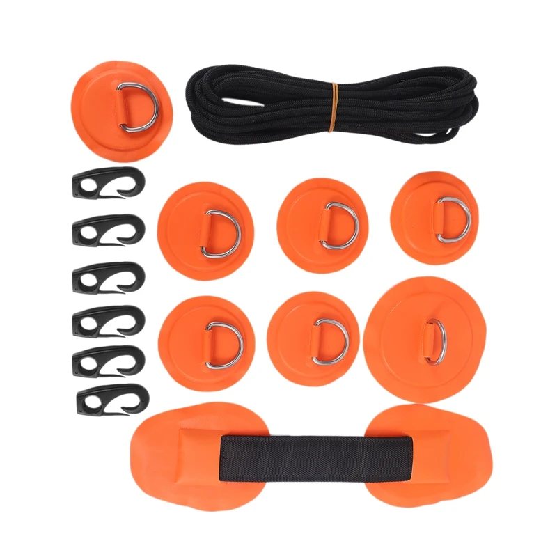 

7Pck D-Ring Patch Kayak D Ring Pads & 20Ft Strong Elastic Bungee Shock Cord With Hooks Bungee Deck Rigging Kit