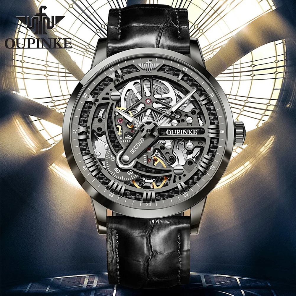 

Часы OUPINKE Мужские механические, оригинальные деловые Роскошные брендовые водонепроницаемые светящиеся наручные часы-скелетоны для отдыха
