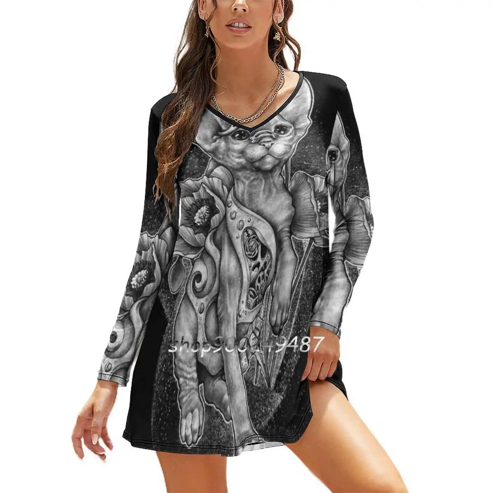 Rishama Steampunk Tattoo Cat Kitten Biomechanics Mechanics Elegant Party Women Dress Slim Multiple Styles Dresses Casual