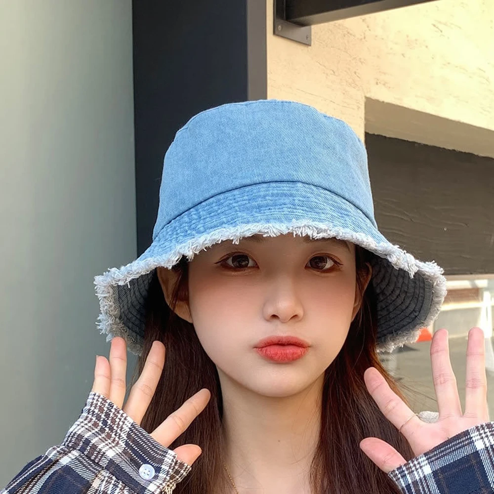 

Women Raw Edge Denim Hats Foldable Fisherman Washed Flat Bucket Outdoor Travel Beach Casual Sunhat Cap Street Trend Basin Hat