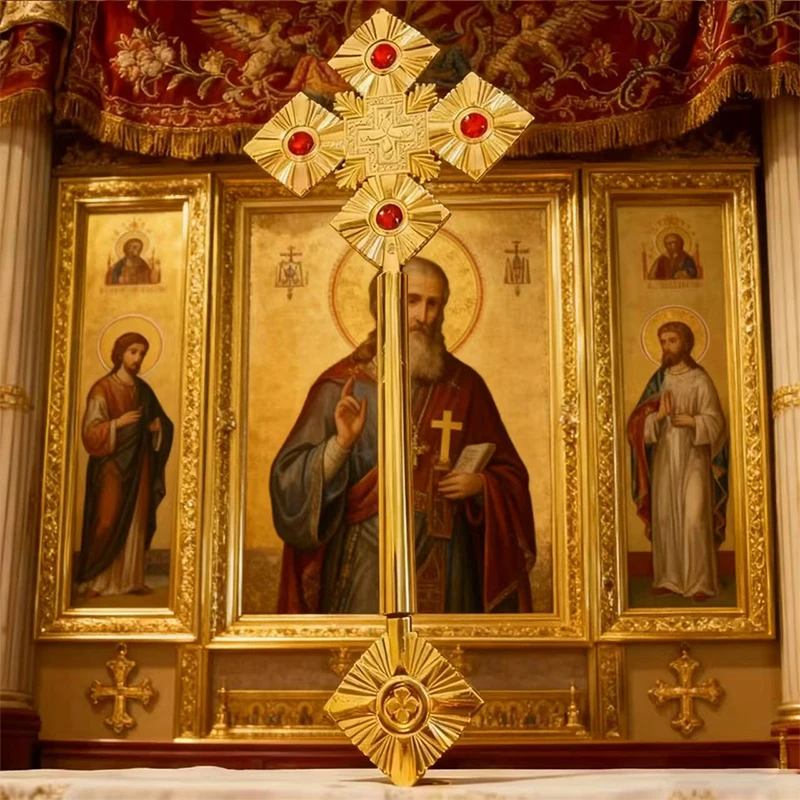 Фото Восточный православный металлический крест, скипетр, религиозная церемония, праздник сакраски, инкрустированный ярким рубином, классический религиозный вир №2