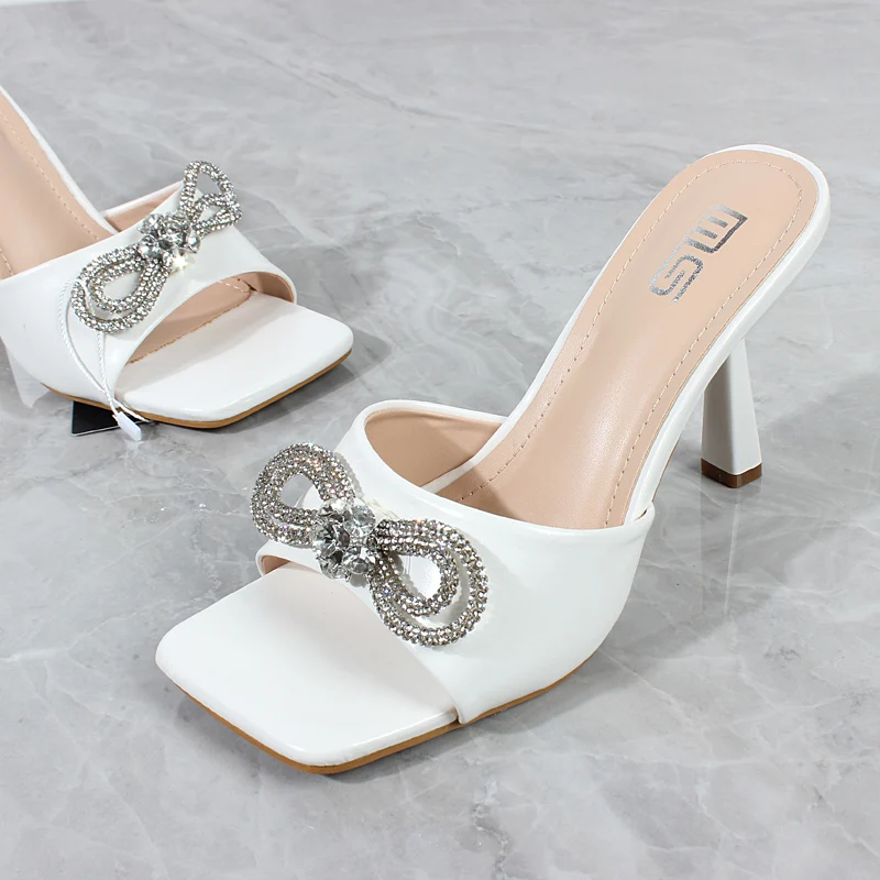 Modern Slippers 2023 Summer New PU Crystal Butterfliy-knot High Heel Shoes Stiletto Heel Outer Fashion Sexy Women Slippers