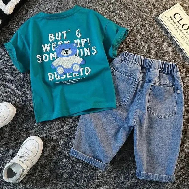 

Boys Summer Clothing Set 2023 New Children's Fashionable Short Sleeve Shorts Baby Cool Denim Shorts Two Piece Set