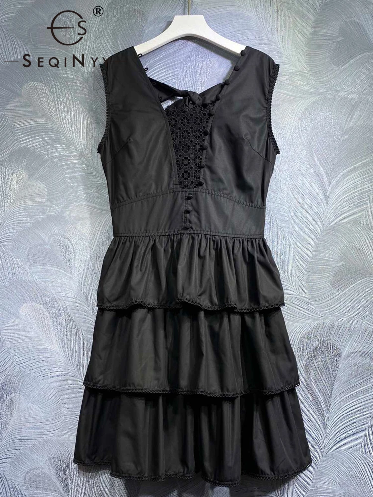 

Женское Короткое платье-жилет SEQINYY, повседневное элегантное модельное платье из 85% хлопка с цветочным кружевом в стиле High Street, весна-лето