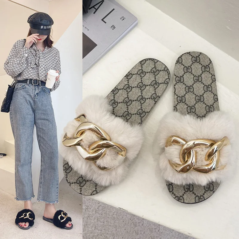 

2022 Spring And Autumn New Plush Slippers Women's European And American Fashion Flat Bottom Chain Buckle Slotted Plush Slippers