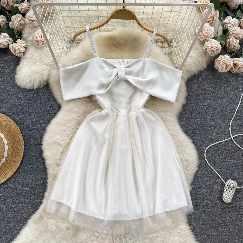

New Fashion Birthday Party Dresses Summer Women's Sexy French Bow Off Shoulder Mesh Splice Elegant Clothes Vestidos K233