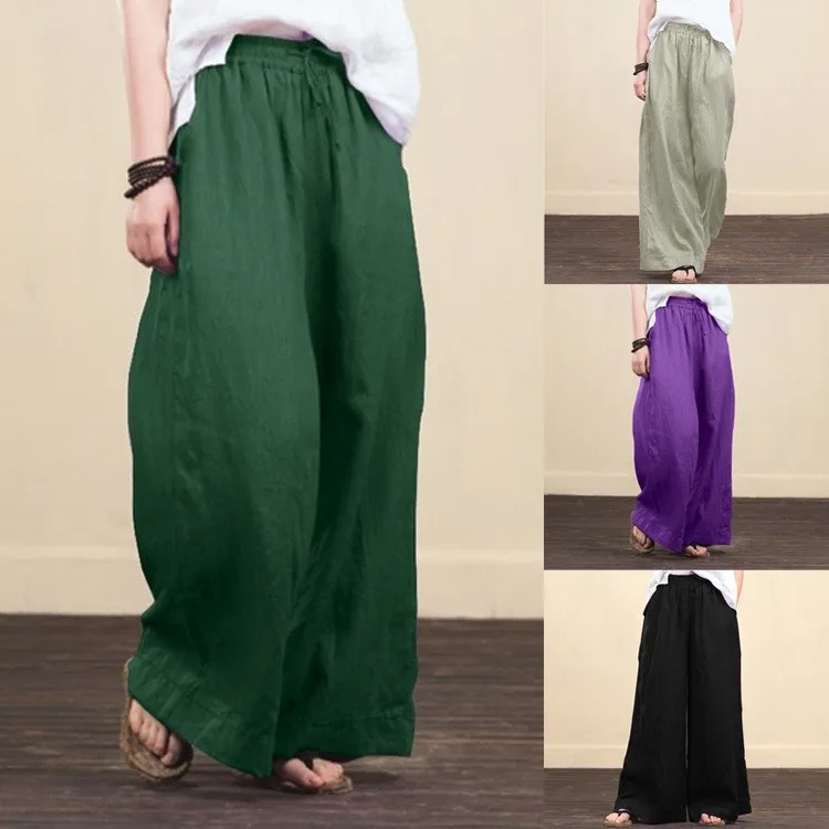 Cotton Linen Loose Drawstring Women's Pants Wide-Leg High Waist Trousers Women Sprinng Solid Pocket Female Stretch Straight Pant