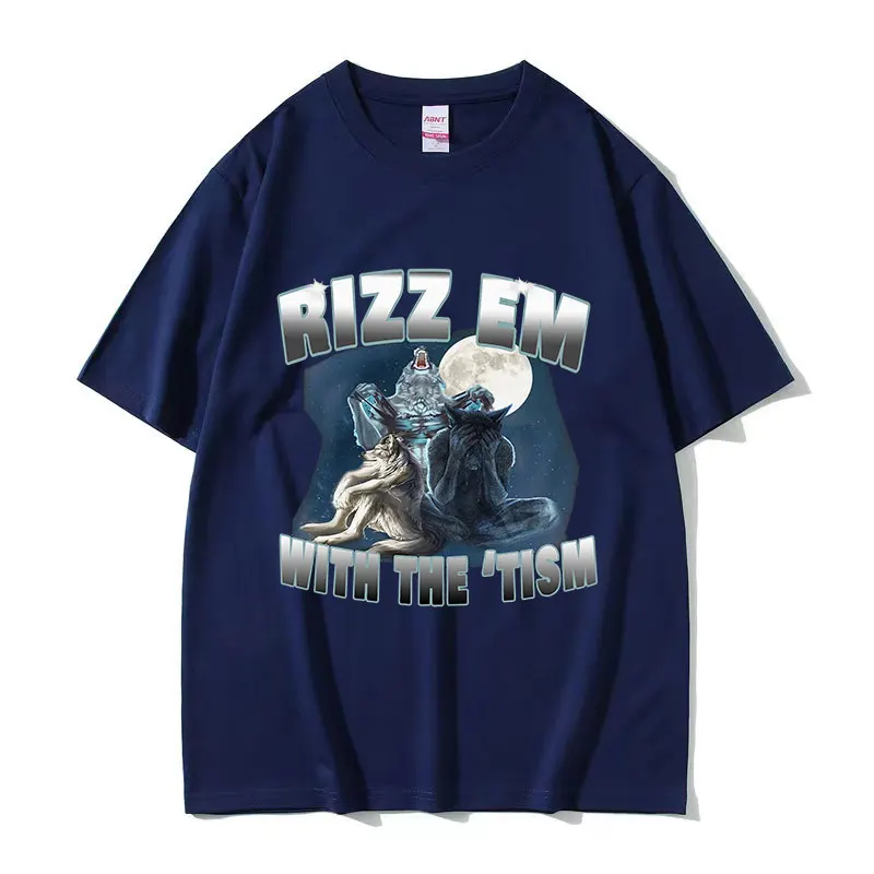 Rizz Em with The Tism Wolf Забавная футболка с мемом Мужская мода О-образным вырезом