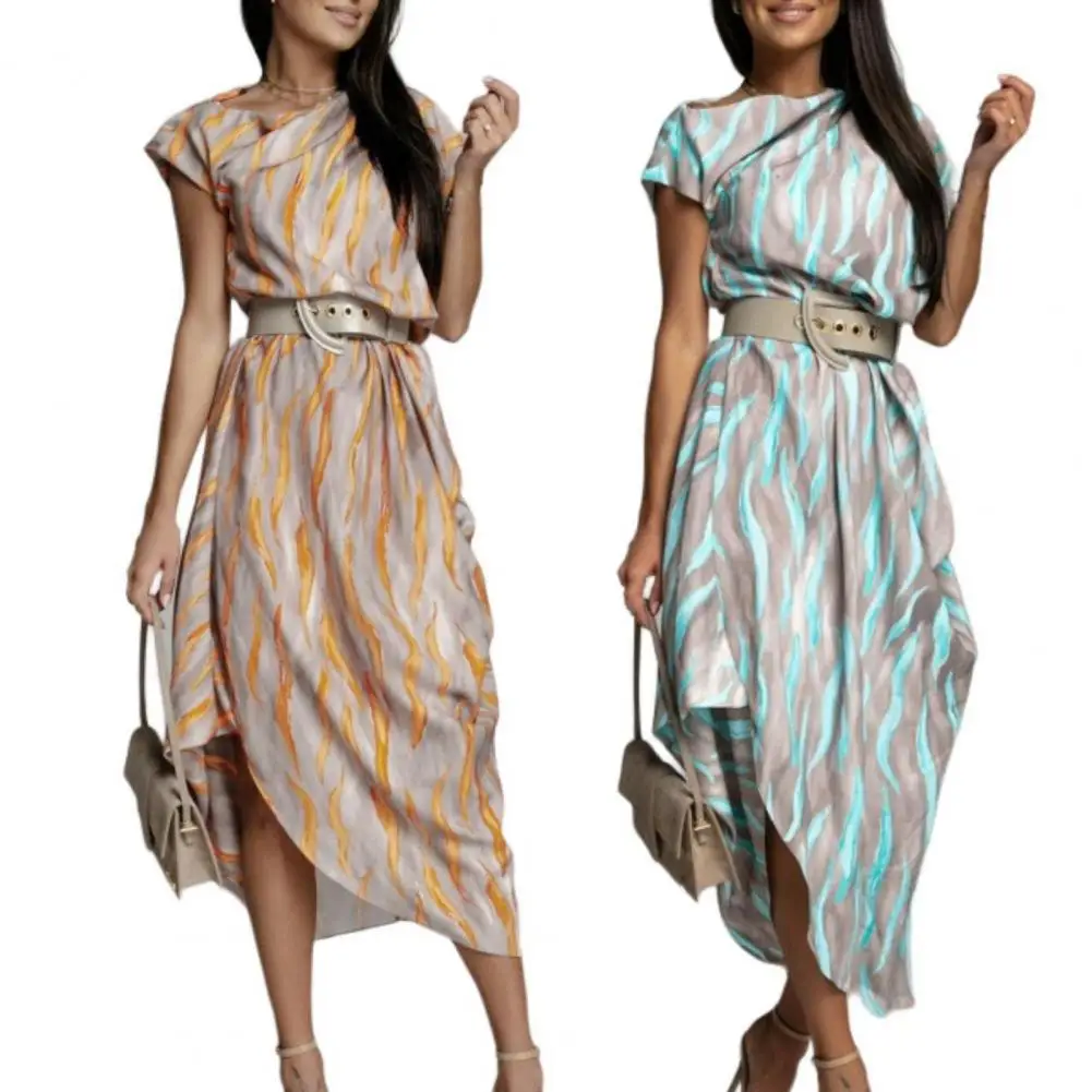 

Sheath Dress Stripe Printing Refreshing Cool Single Off-Shoulder Elegant Elegant Inclined Shoulder Irregular Dress Lady Vestidos