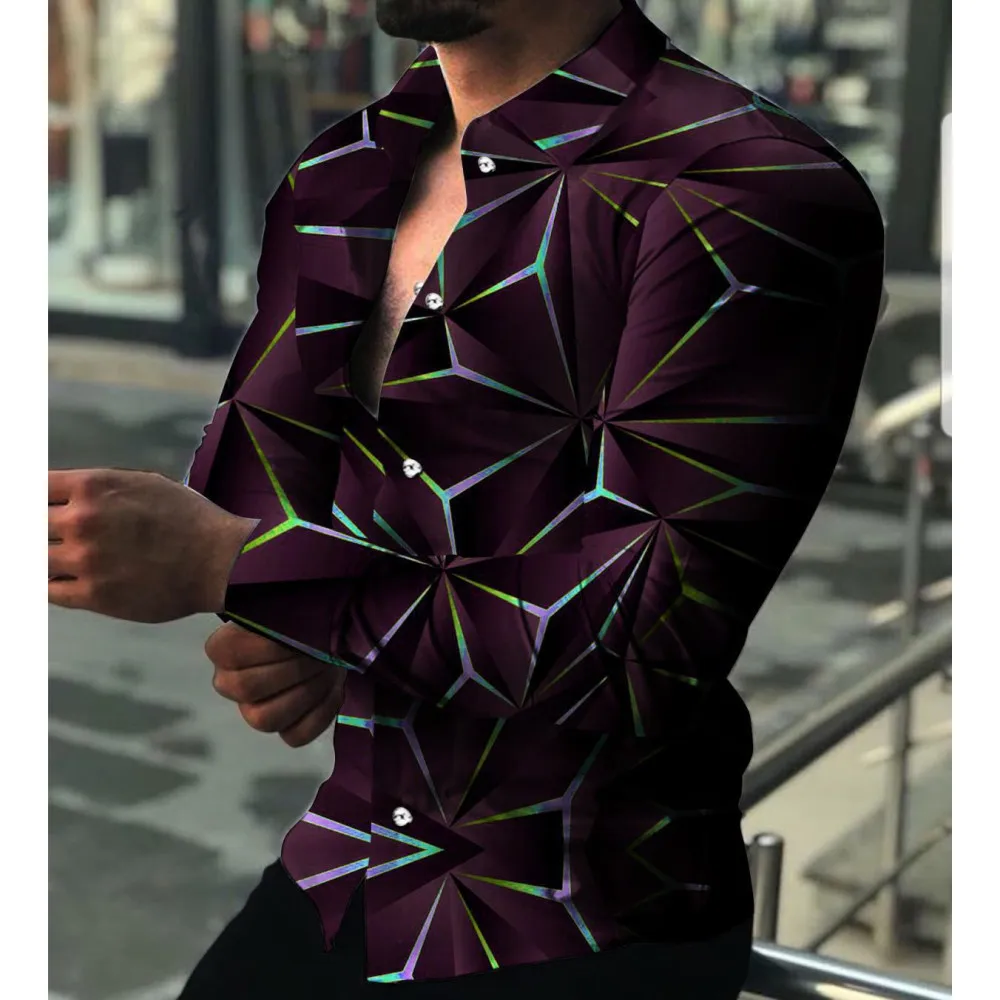 Men's Lapel Gradient Print Casual Slim Fit Long Sleeve Shirt