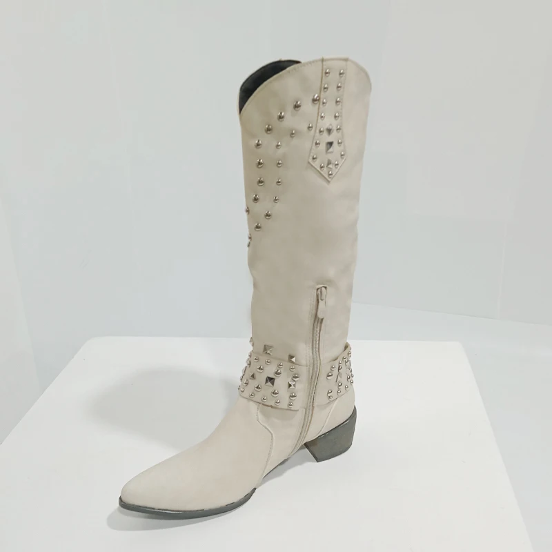 Western Cowboy Boots For Women 2022 Winter Chunky Heel Fashion Rivet Pointed Toe Knee High Boots Female Shoes Plus Size 43