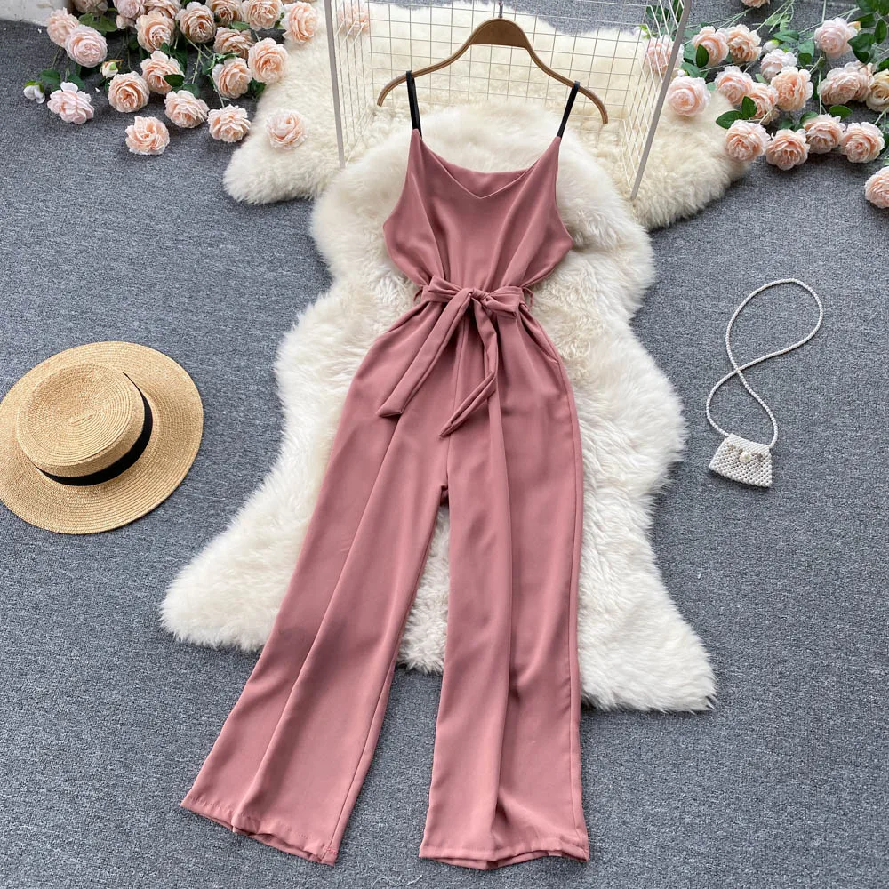 

2022 Spring Summer Women Fashion New Bandage Korean High Waist One-piece Wide Leg Jumpsuits Sexy Sleeveless Overalls D774