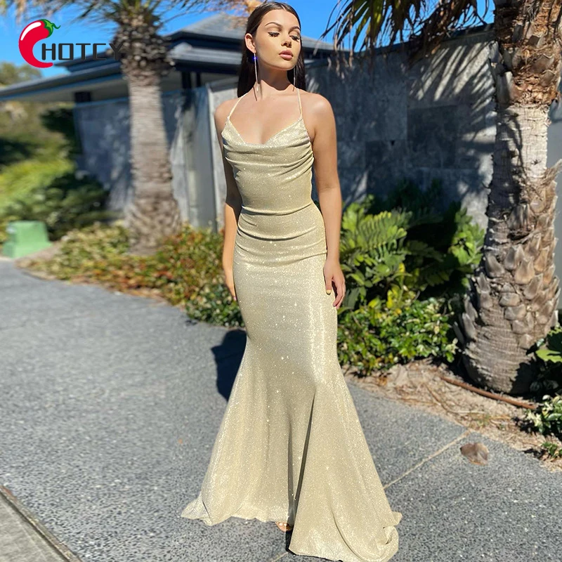 

HOTCY Sequined Sexy Fishtail Prom Evening Gowns Back Bandage Even Long Elegent Dress for Women 2022