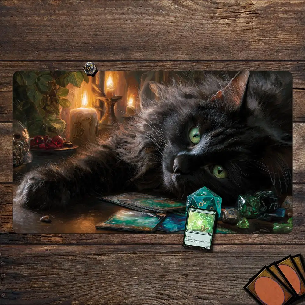 Фото Игровой коврик MTG с изображением ленивого черного кота, нескользящий, прочный, 35x60 см, для командных игр Magic: The Gathering и других TCG-игр. №3