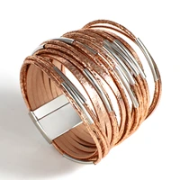 amorcome fashion multi strand thin leather wrap bracelet curved metal tubes beads cuff bangle bracelet femme jewery