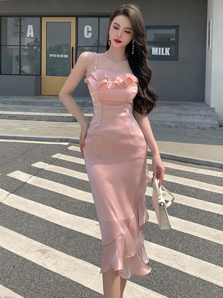 

New Summer Elegant Women Evening Dress Mujer Chic Glitter Sexy Strap Slim Midi Dresses Asymmetrical Party Gown Vacation Vestidos