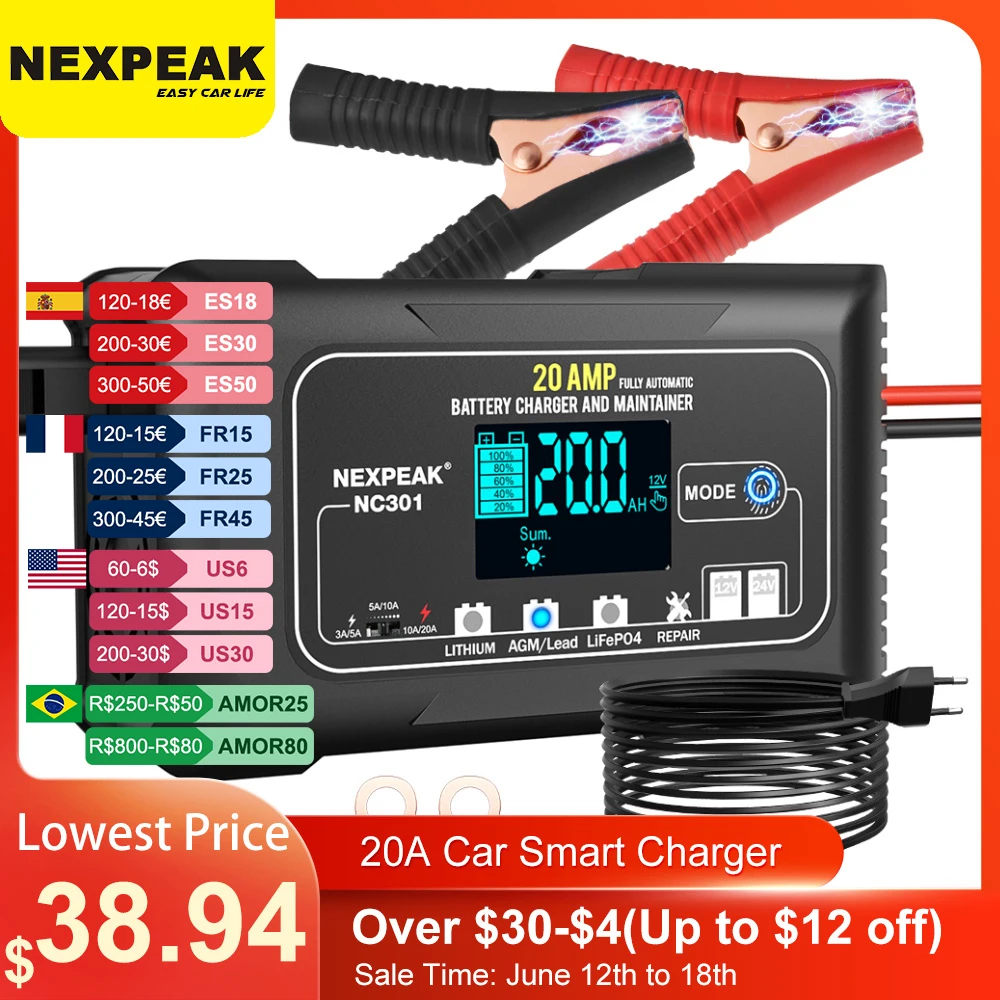 NEXPEAK 20A 12V-24V Car Battery Charger Smart Charger for For Car Motorcycle Battery Lead Acid AGM Lithium LiFePo4 Batteries