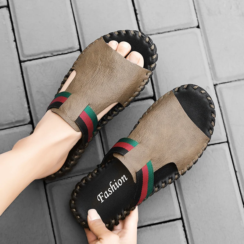 

Летние мужские роскошные дизайнерские шлепанцы ручной работы из натуральной кожи, уличные удобные черные/хаки пляжные сандалии, повседневная обувь