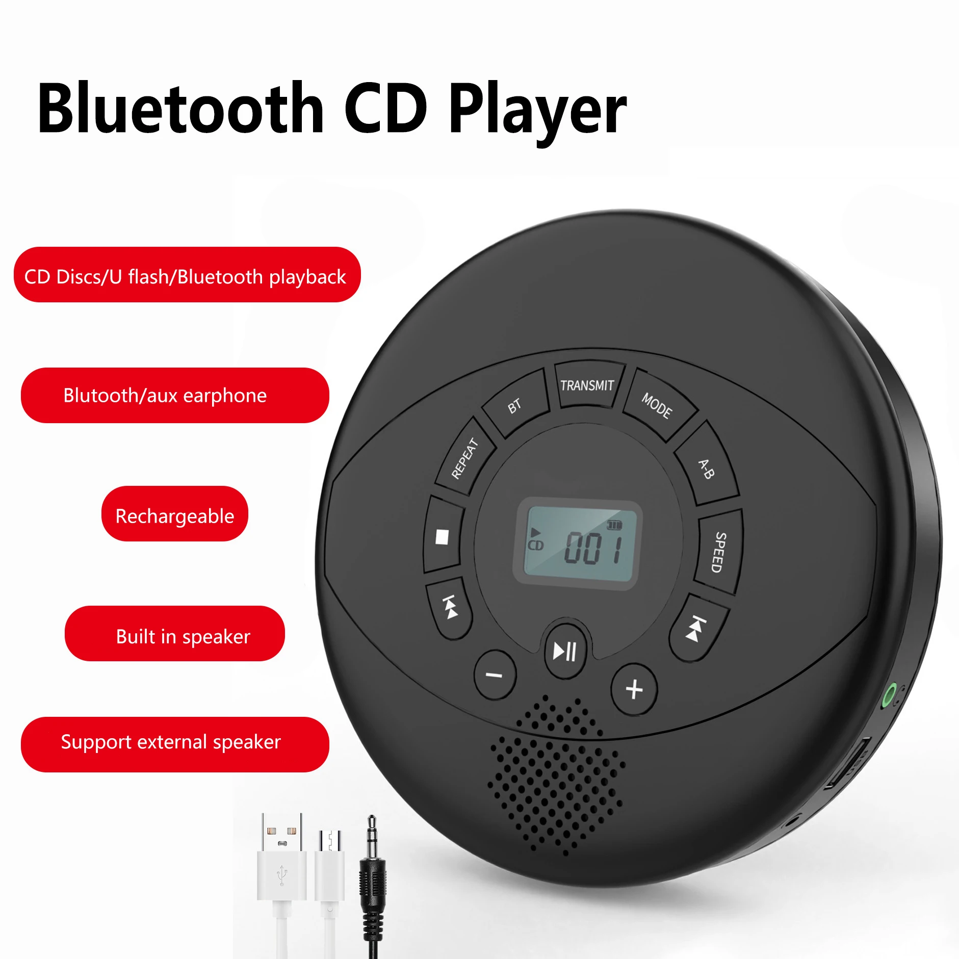 Bluetooth Cd Walkman Built In Speakers With Headphones Rechargeable Cd Player Support Usb/aux Input