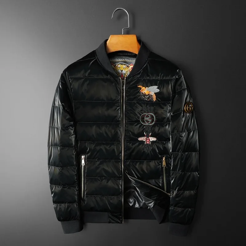 

European station embroidered bee down jacket tide brand men's white duck down shiny coat 2022 winter new jacket