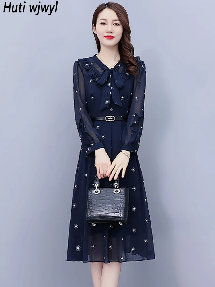 

2022 Casual Bodycon Party Night Dress Women Chiffon Ruffled Bow Collar Midi Dress Autumn Winter Elegant Fashion Chic Prom Dress